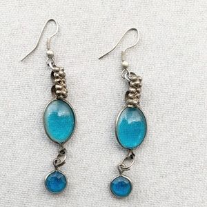 SILVER TONE & FAUX AQUAMARINE FASHION DANGLE DROP EARRINGS